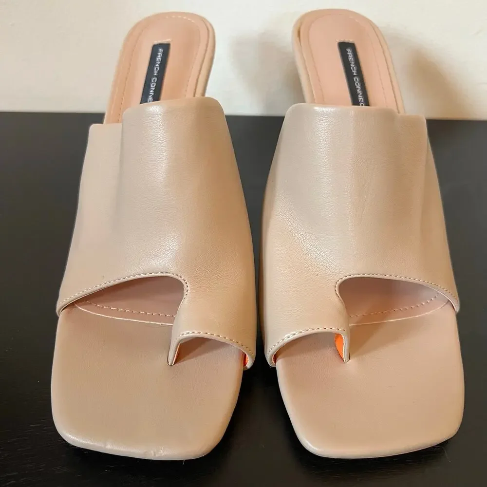 French Connection Kelly Light Tan Nude Toe Ring Heeled Mule Sandals US 9 EU 40